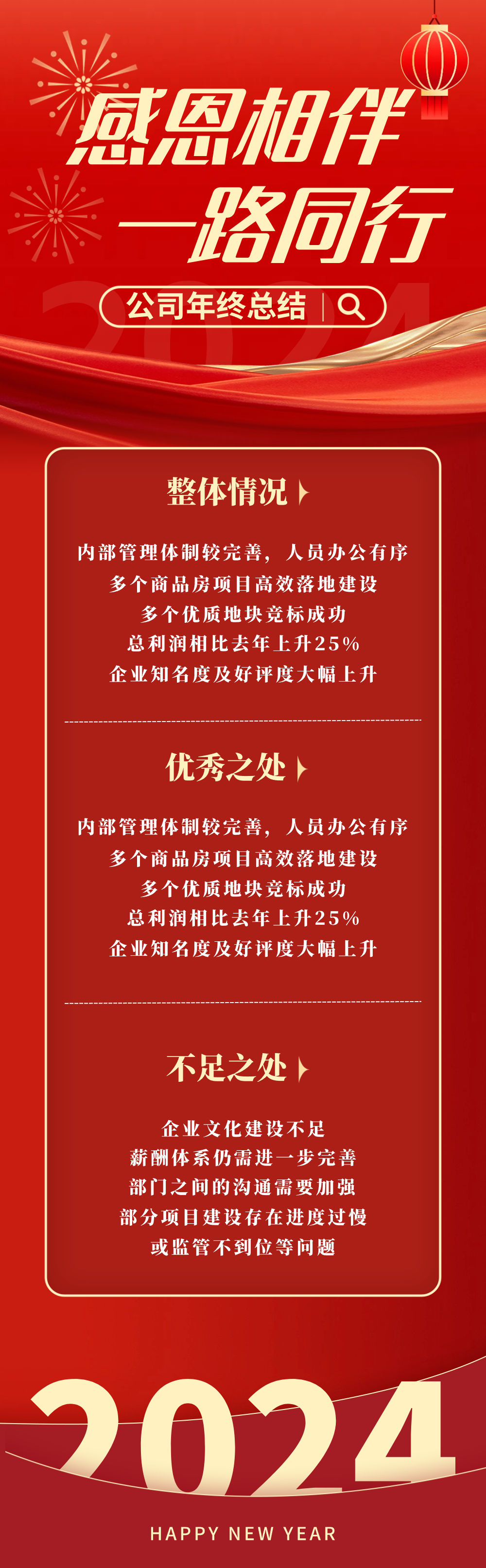 红色风格感恩同行一路相伴公司年终总结海报