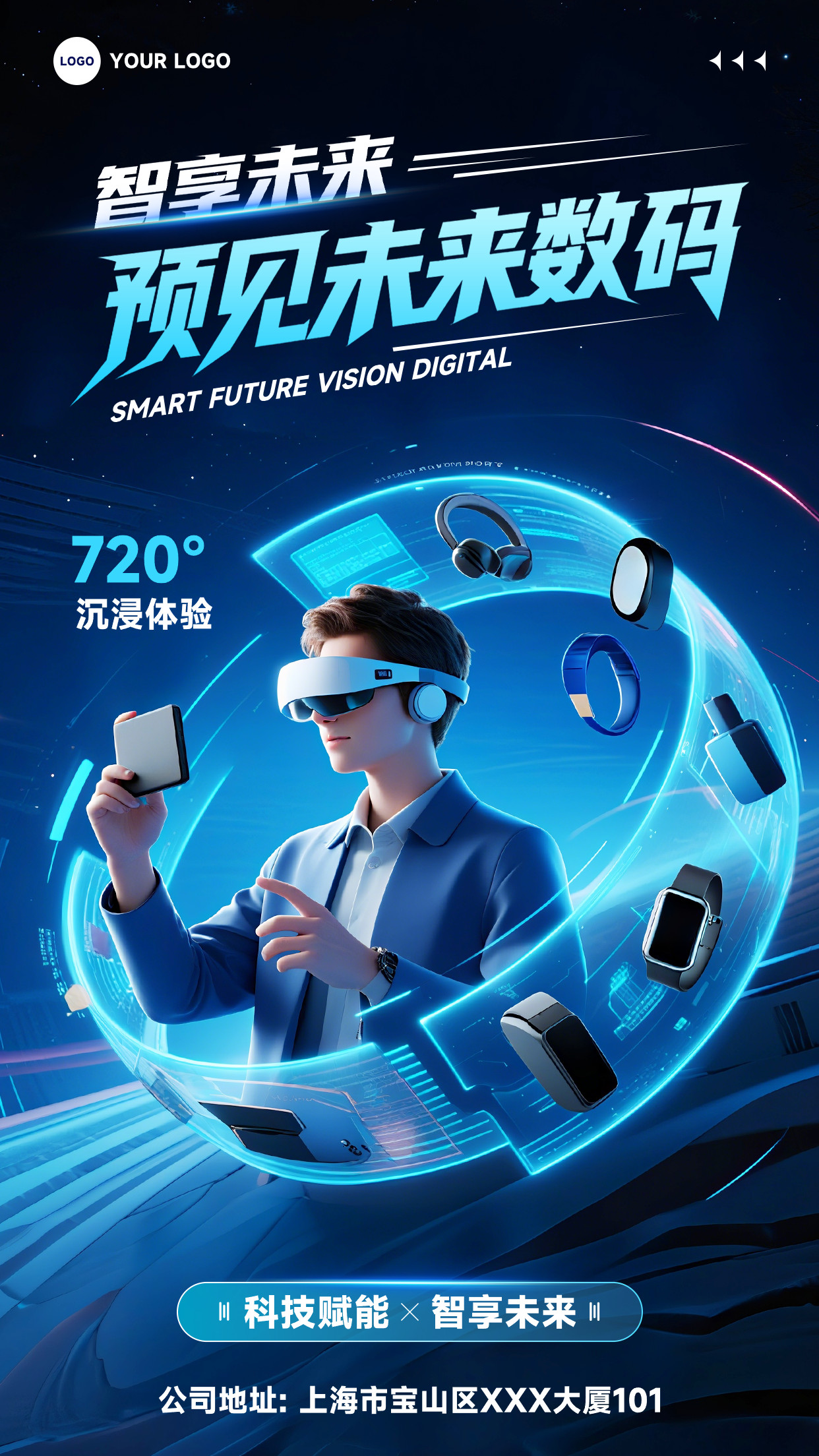 深蓝色3D风格智享未来预见未来数码竖版科技海报