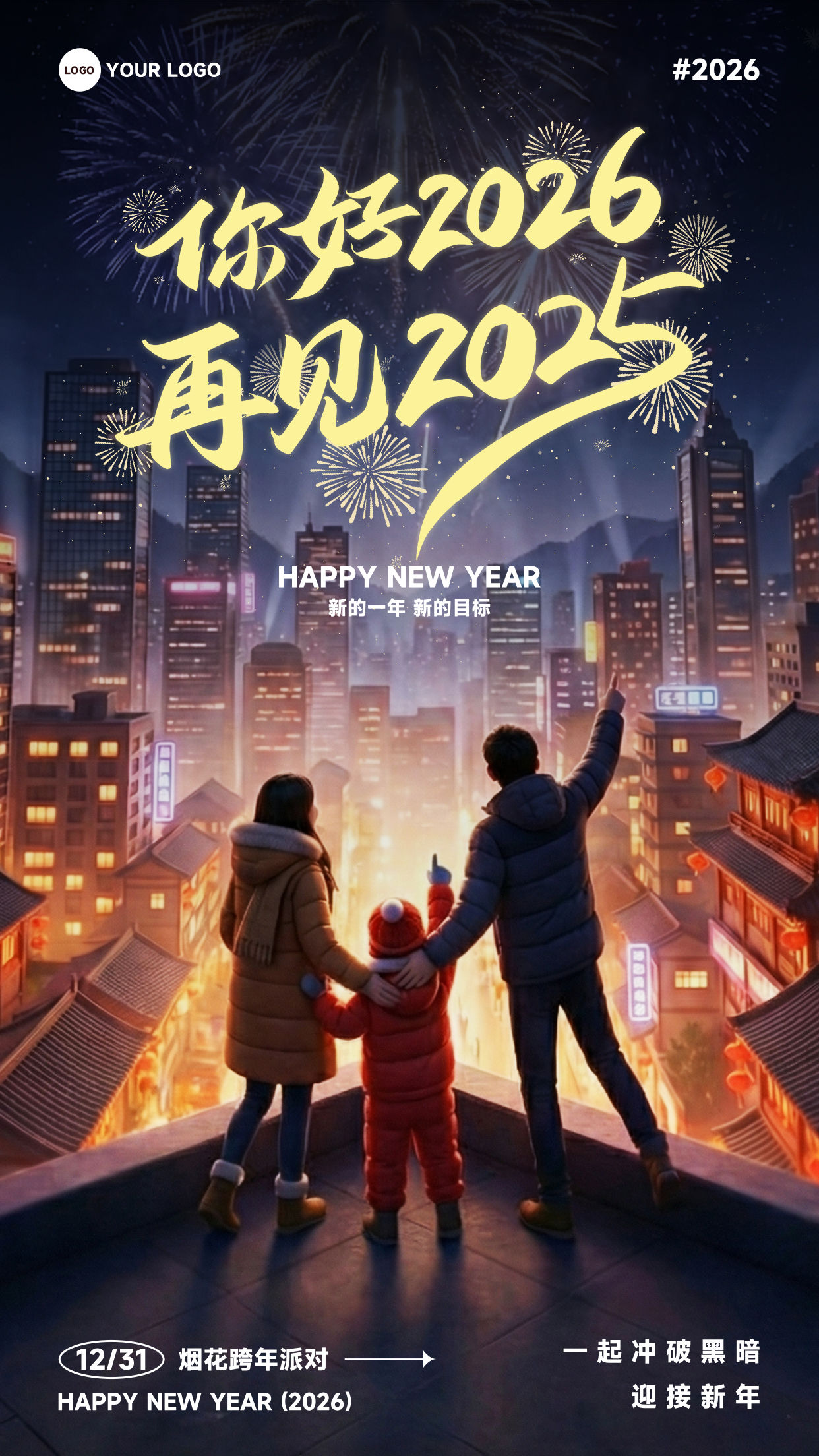 深蓝色渐变插画风格新的一年新的目标烟花跨年派对竖版跨年活动海报