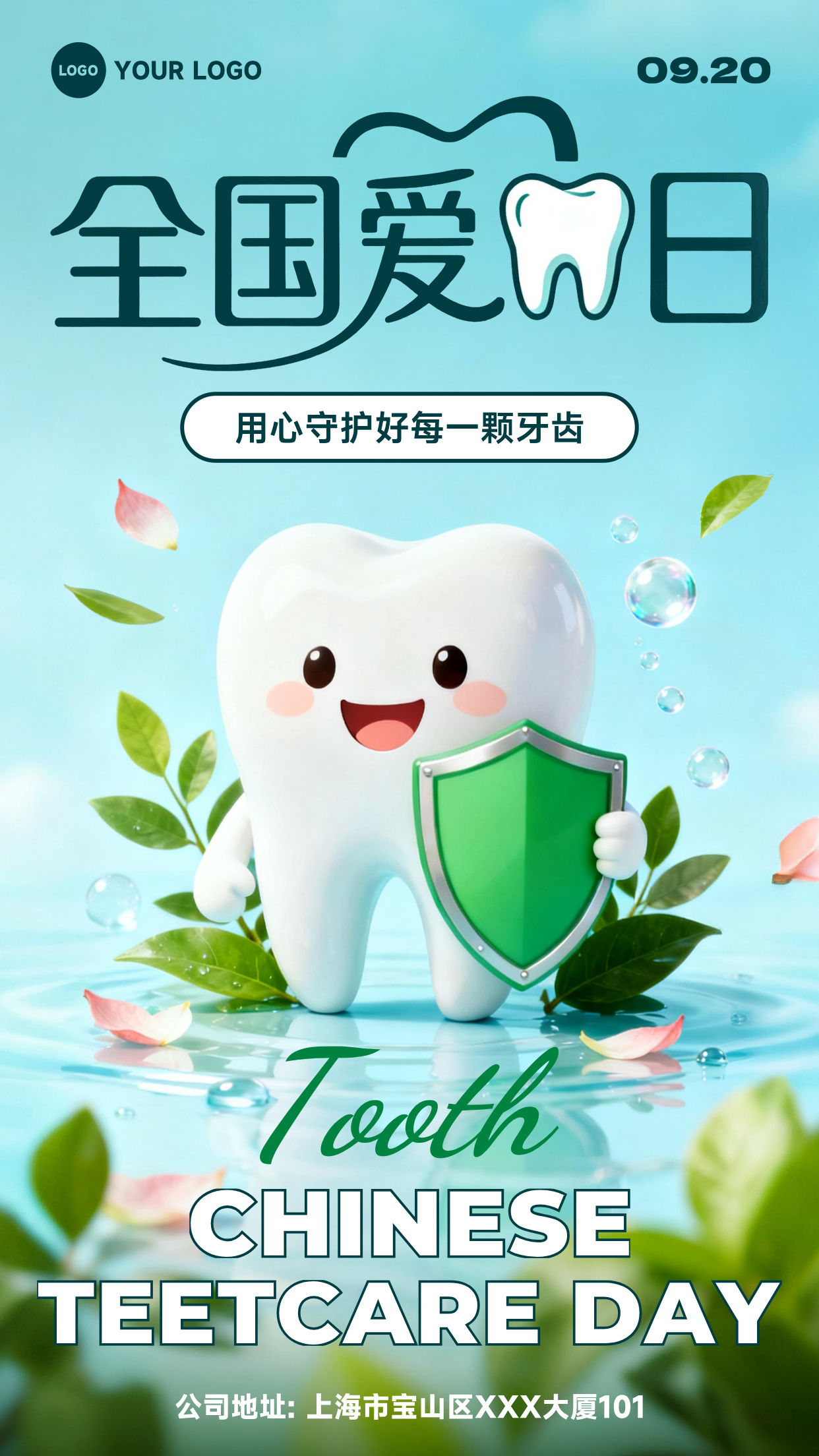 绿色渐变卡通风格用心守护好每一颗牙齿竖版全国爱牙日海报