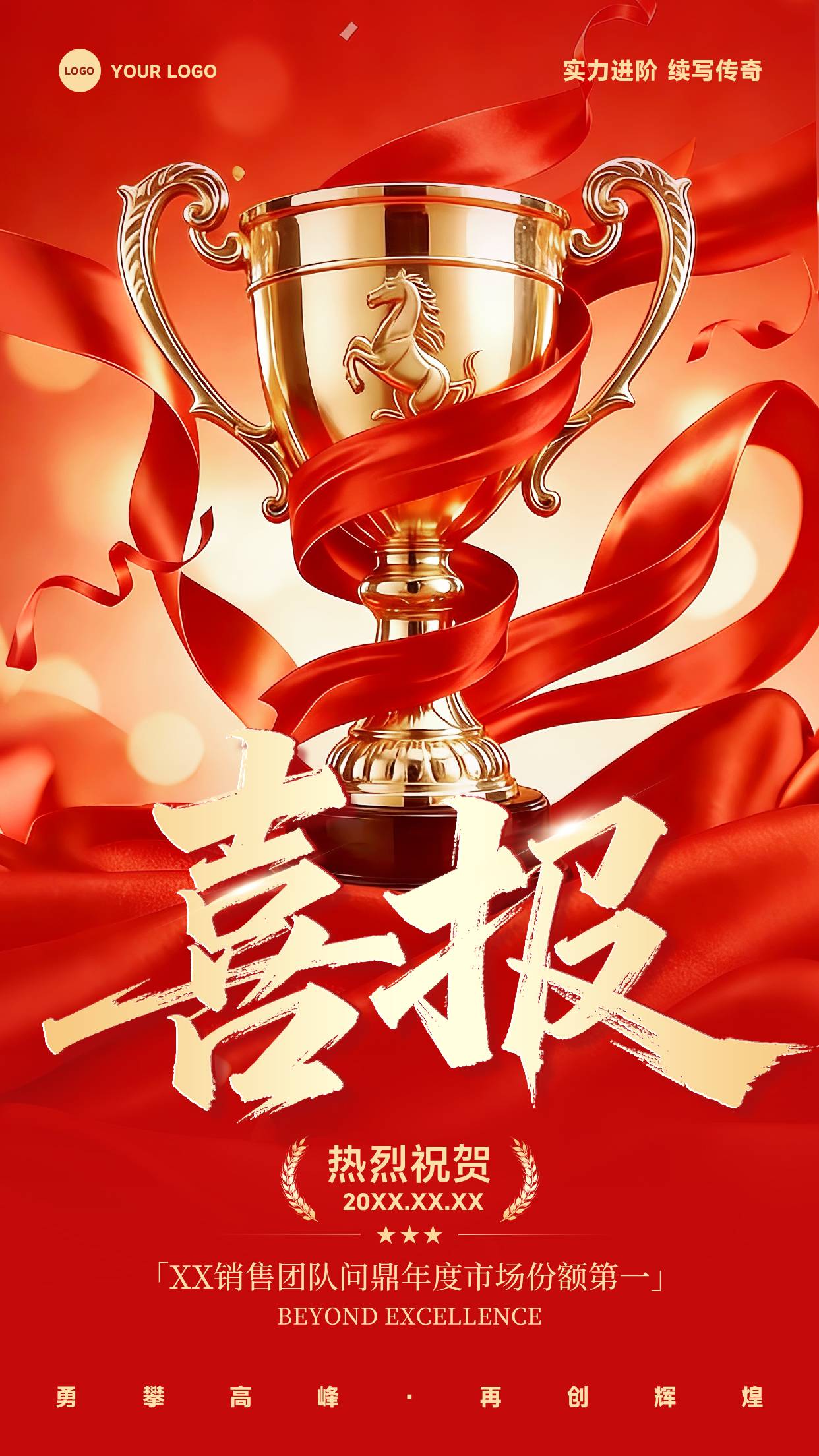 红色混合风格实力进阶续写传奇竖版喜报（企业）海报