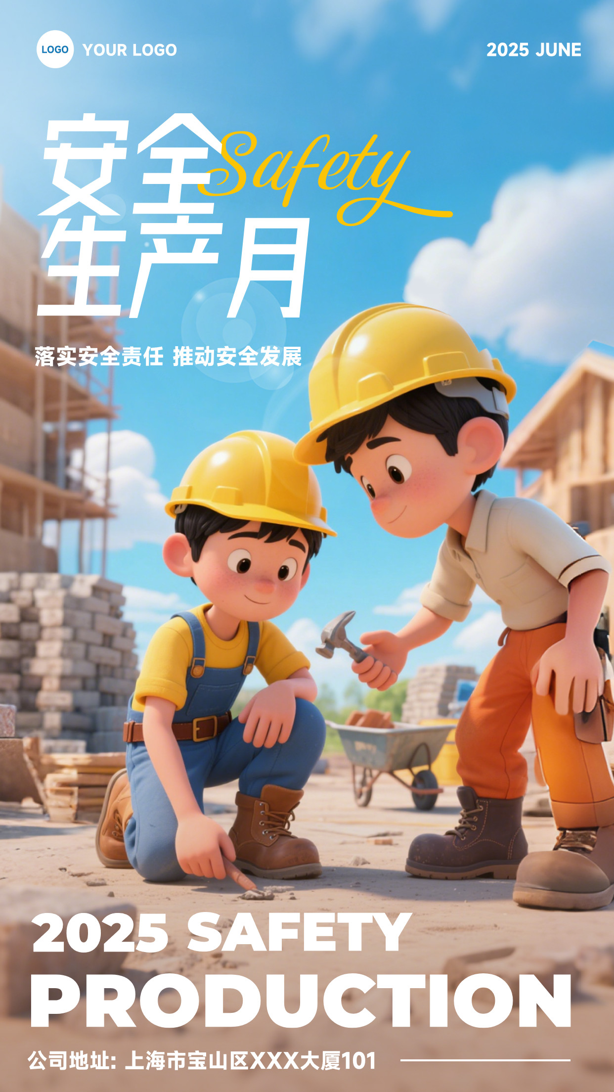 蓝色渐变卡通风格落实安全责任竖版安全生产月海报
