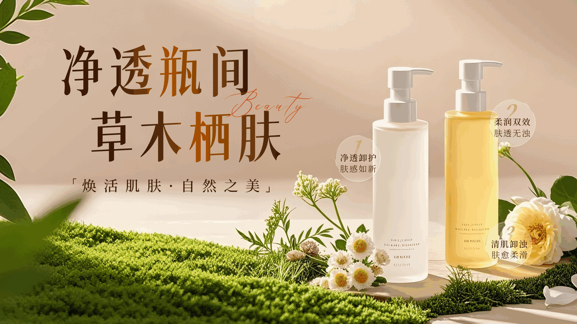 黄色写实风格爽肤水护肤品横版海报