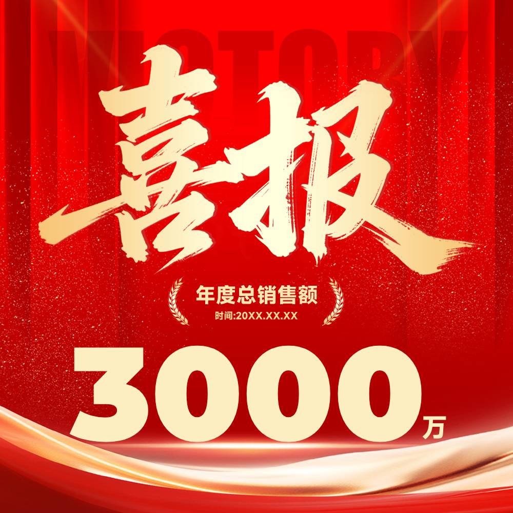 红色插画风格年度总销售额正方形喜报（企业）海报