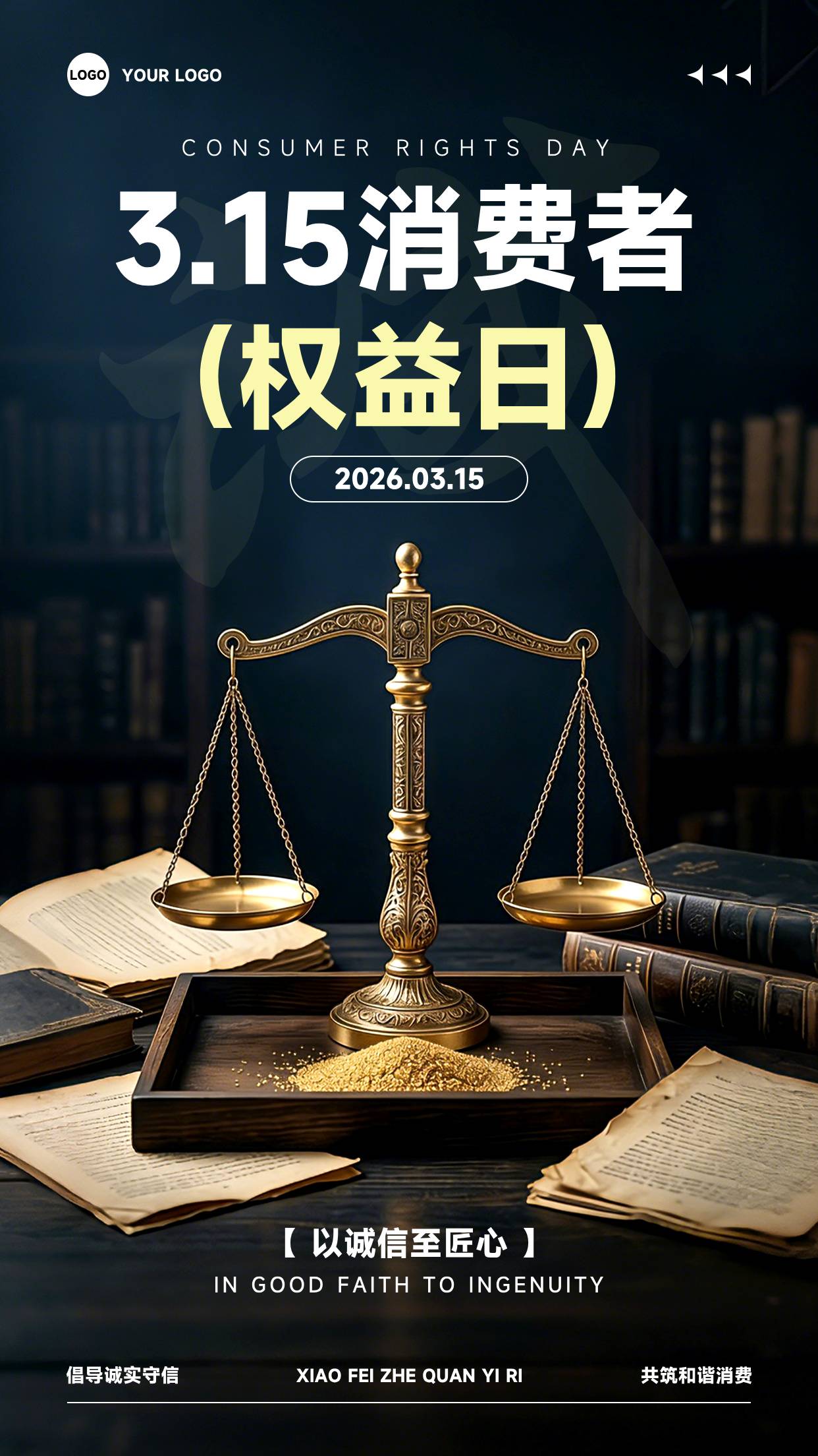 深蓝色写实风格以诚信至匠心竖版315消费者权益日