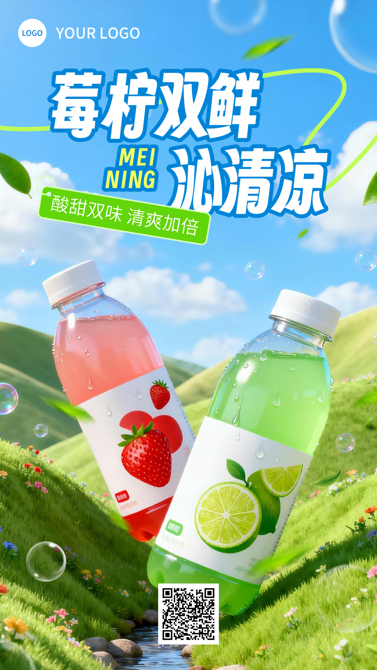 蓝色3d风清爽饮料竖版海报