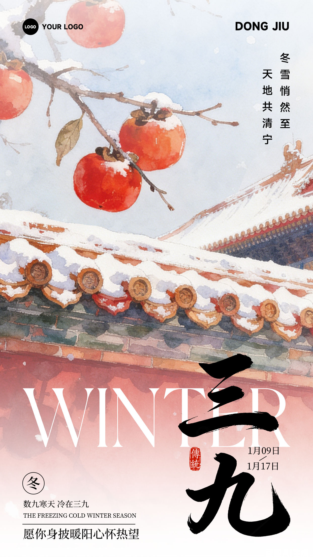 浅灰色渐变插画风格冬雪悄然至天地共清宁竖版三九海报