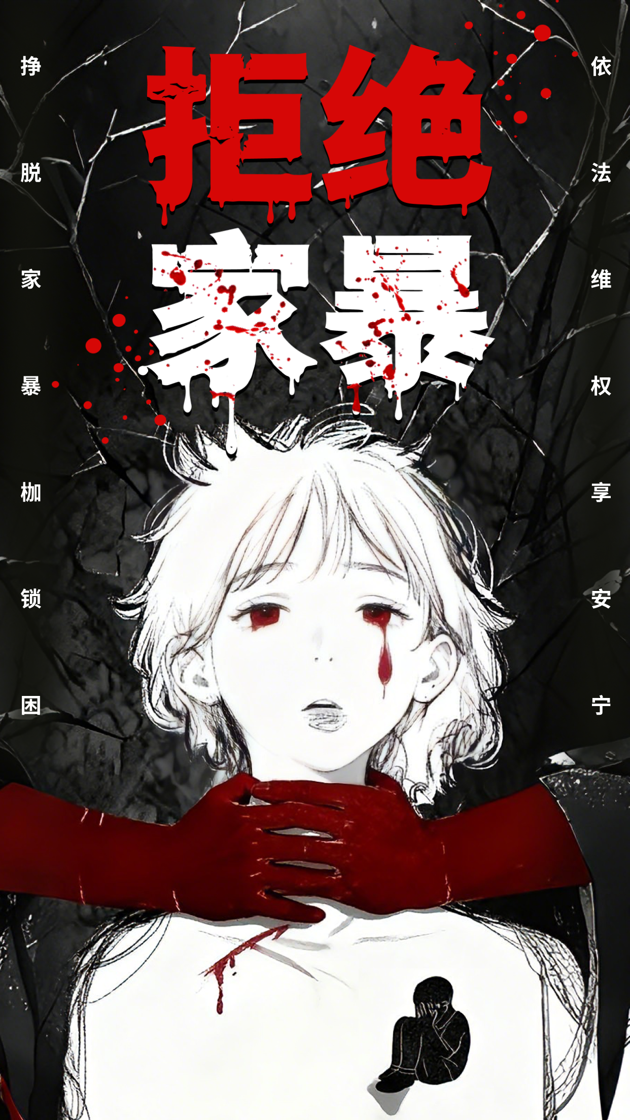 黑白色漫画风格拒绝家暴竖版海报