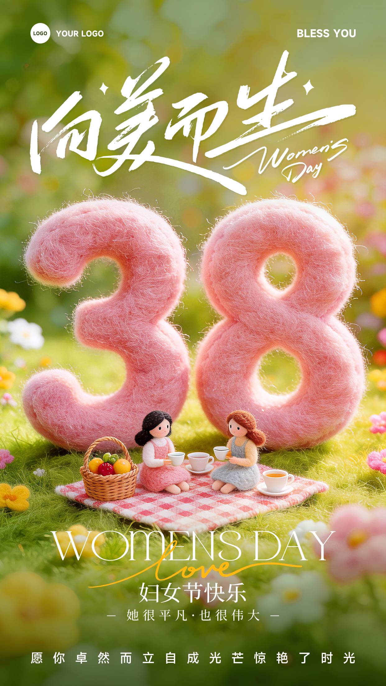 绿色卡通风格她很平凡也很伟大向美而生竖版妇女节海报