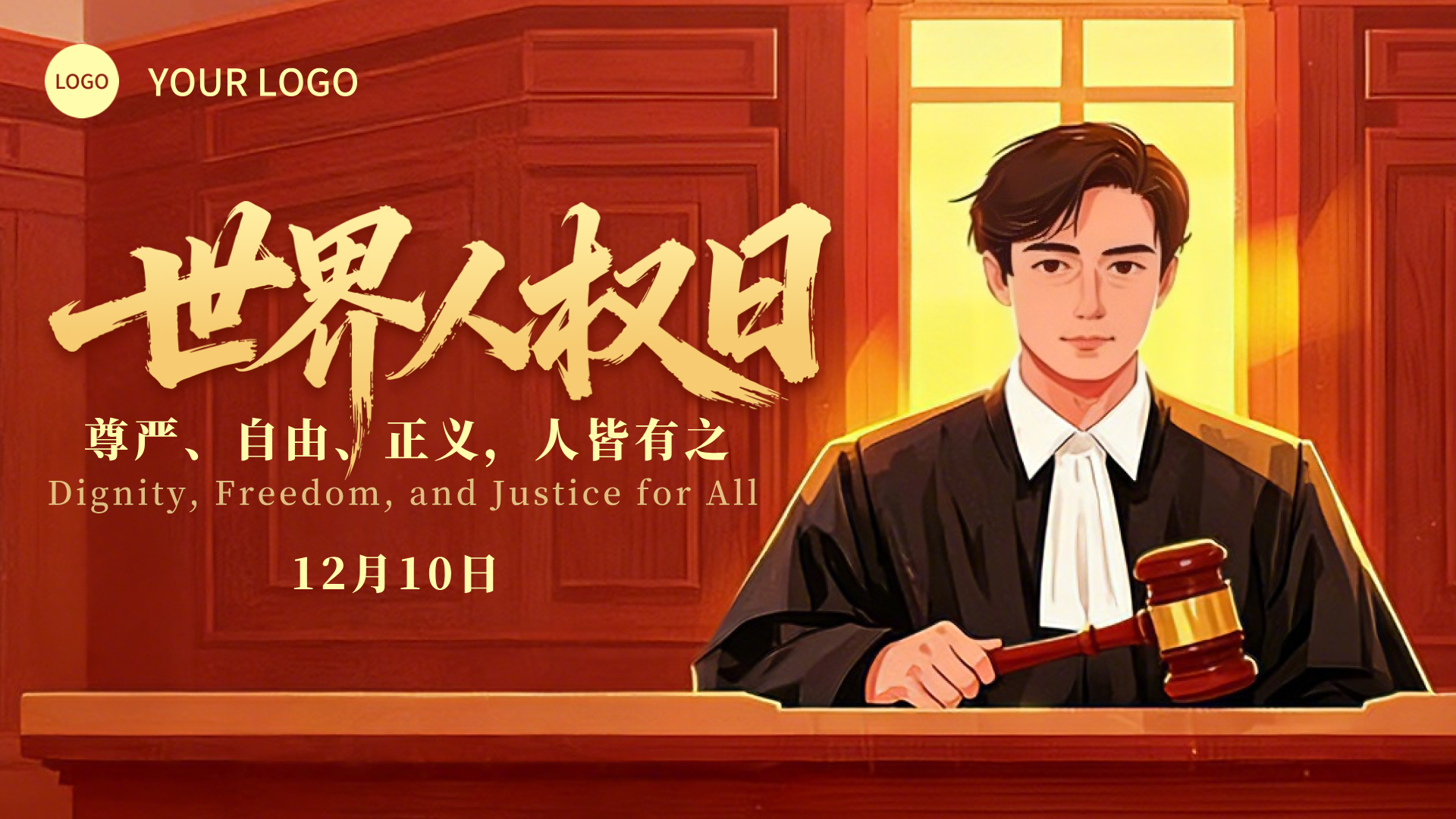 红色插画风格世界人权日横版海报