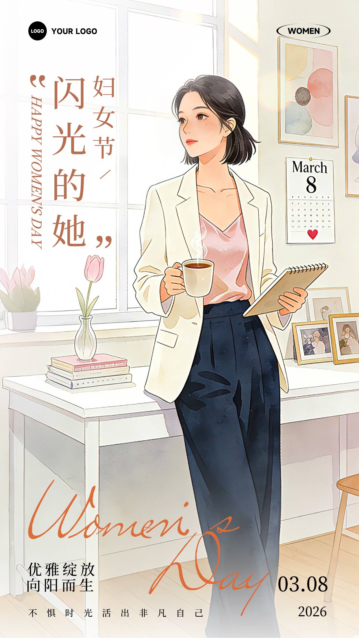 白色渐变插画风格优雅绽放向阳而生闪光的她竖版妇女节海报