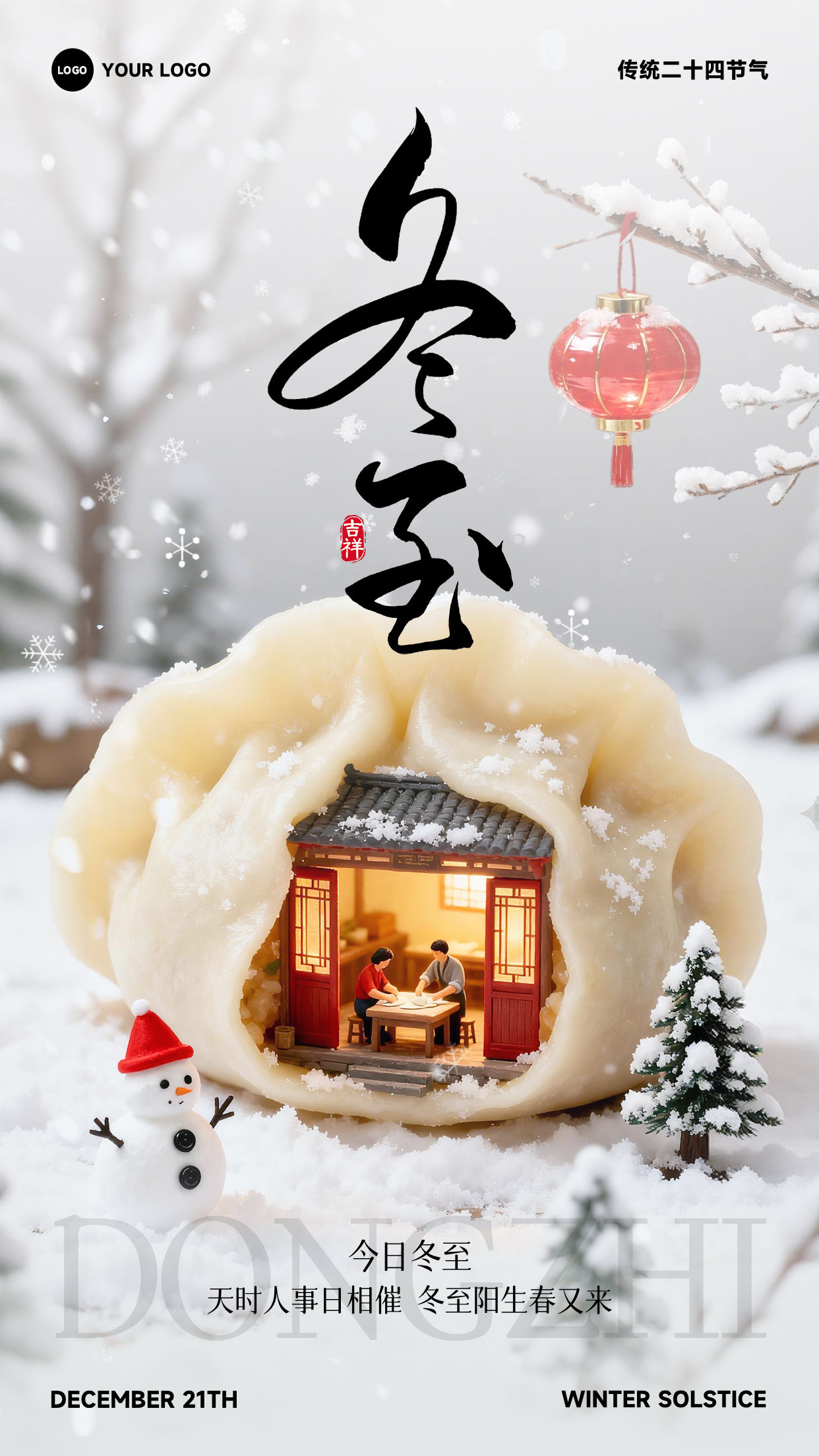 白色渐变卡通风格今日冬至天时人事日相催竖版冬至节气海报