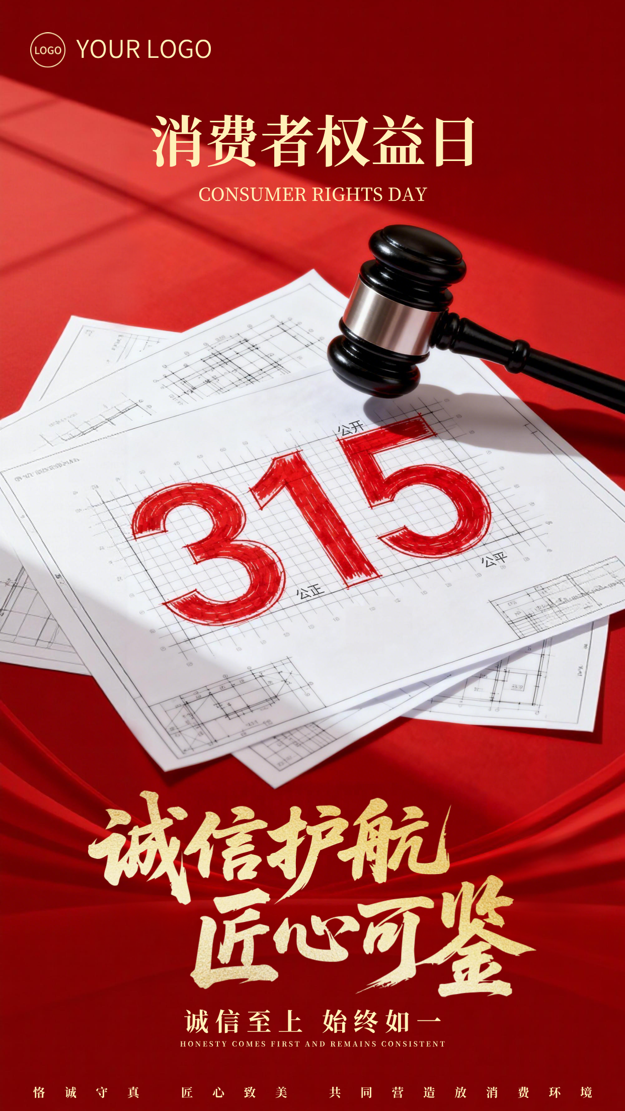 红色写实风格消费者权益日竖版海报