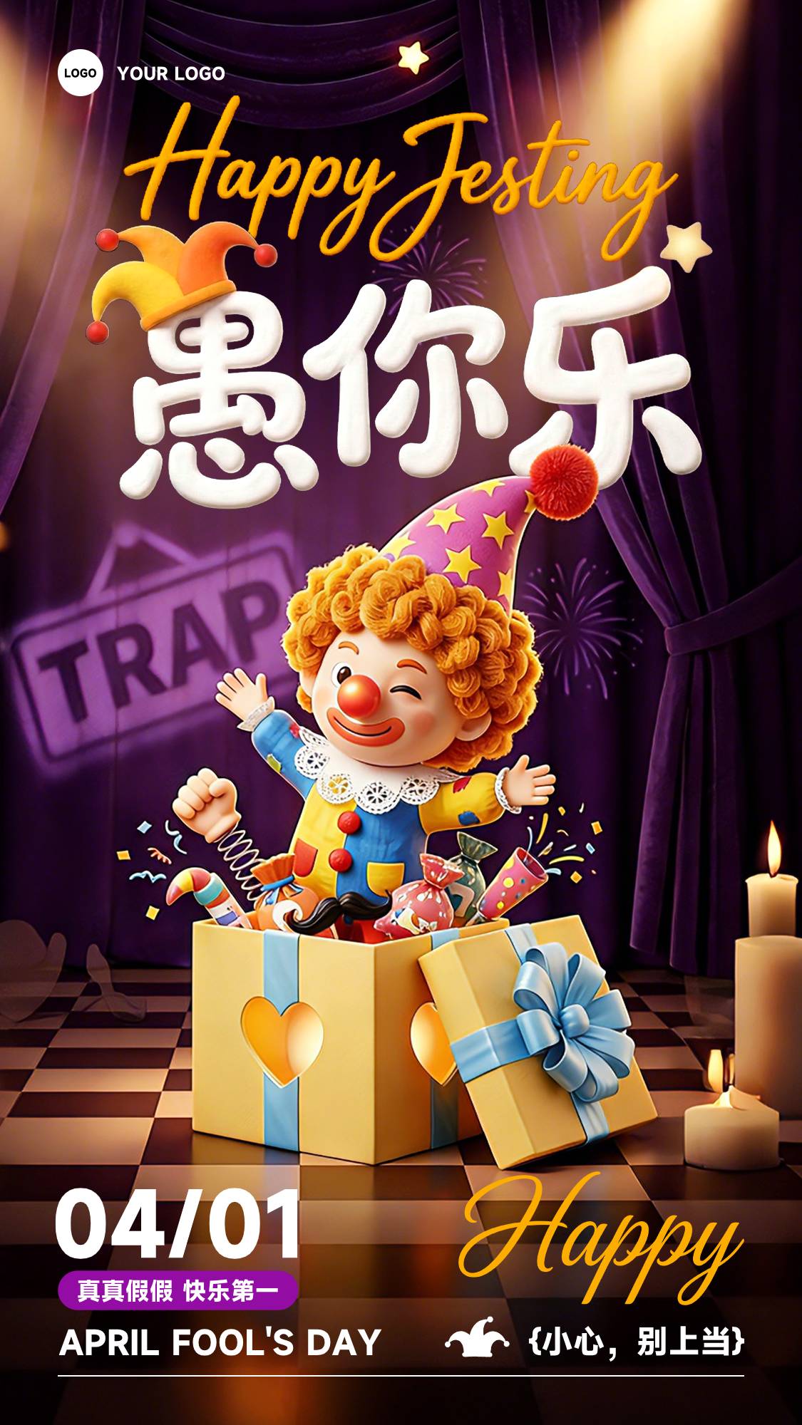 深紫色卡通风格愚你乐真真假假快乐第一竖版愚人节海报