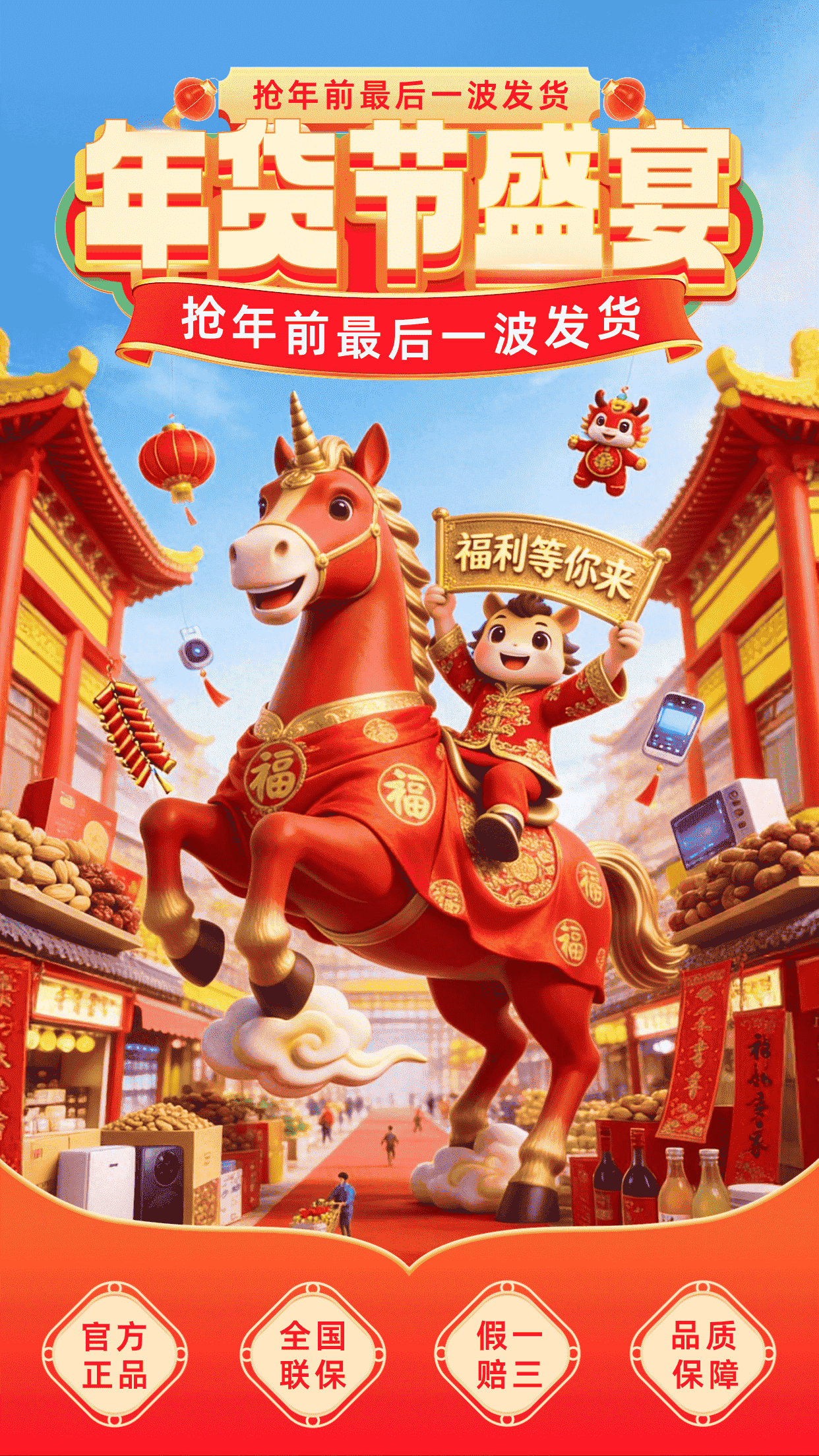 红色3d风格年货节盛典竖版海报